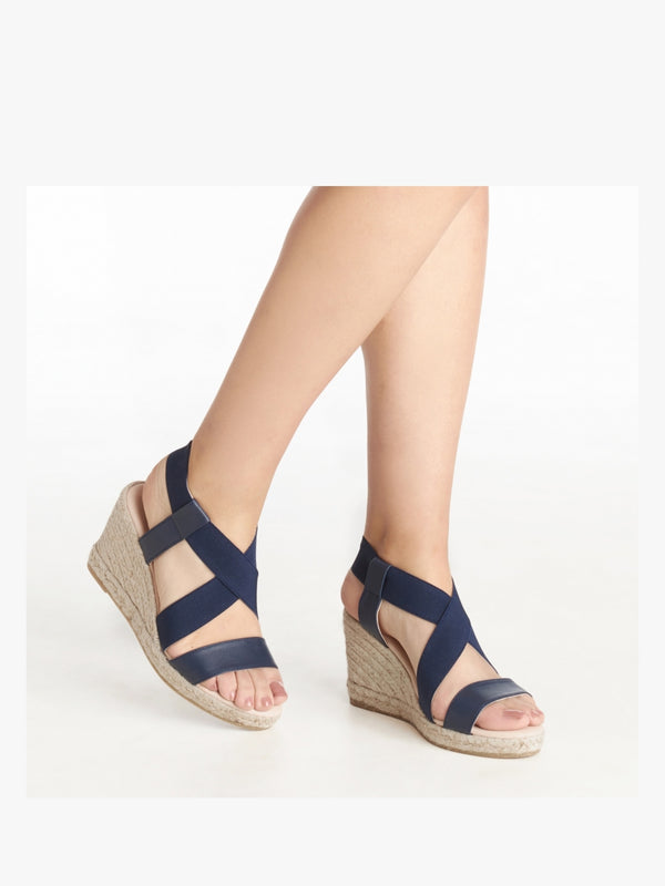 Kelly Navy Elastic Cross Strap Wedge Espadrilles