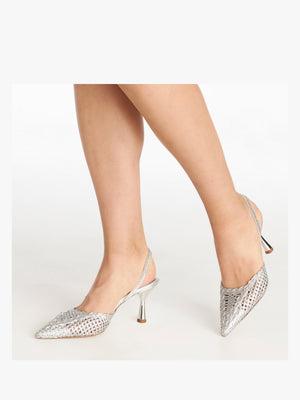 Tiffi Low Silver Leather Woven Sling Back Mid Heel Court Shoes