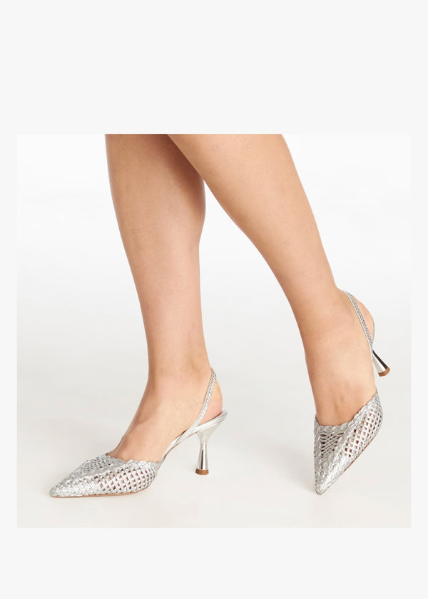 Tiffi Low Silver Leather Woven Sling Back Mid Heel Court Shoes