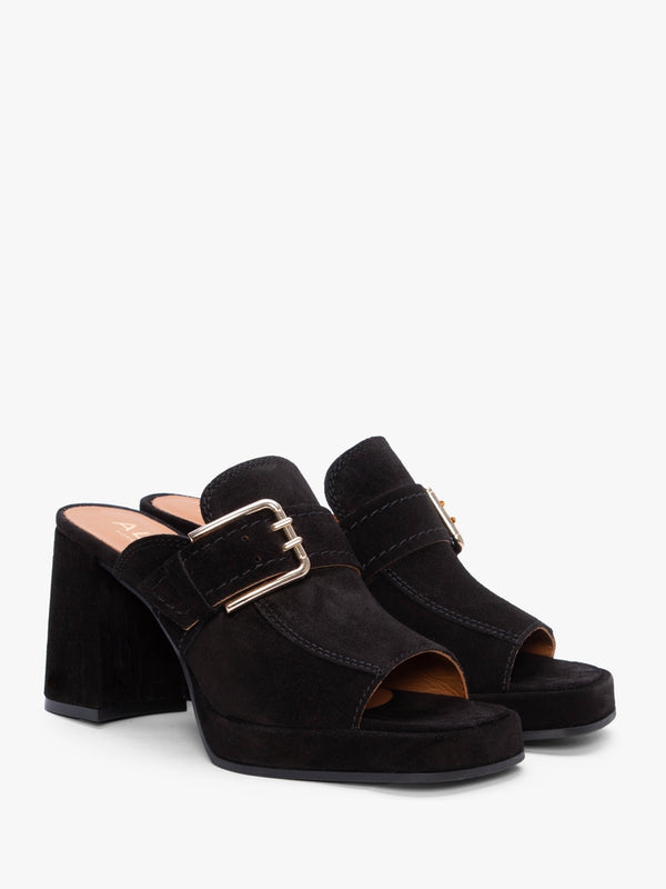 Memphis Black Suede Block Heel Mules