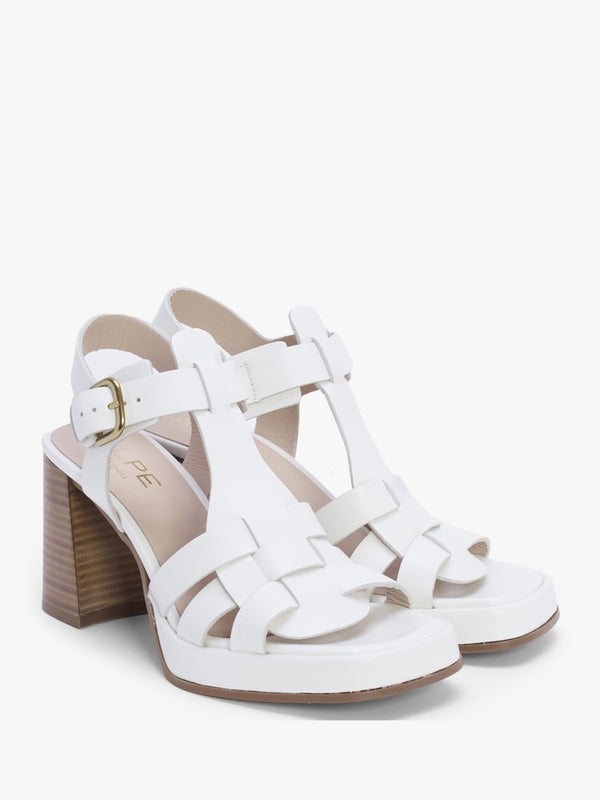Mesa White Leather Cage Block Heel Sandals