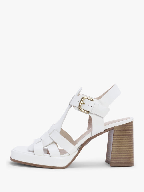 Mesa White Leather Cage Block Heel Sandals