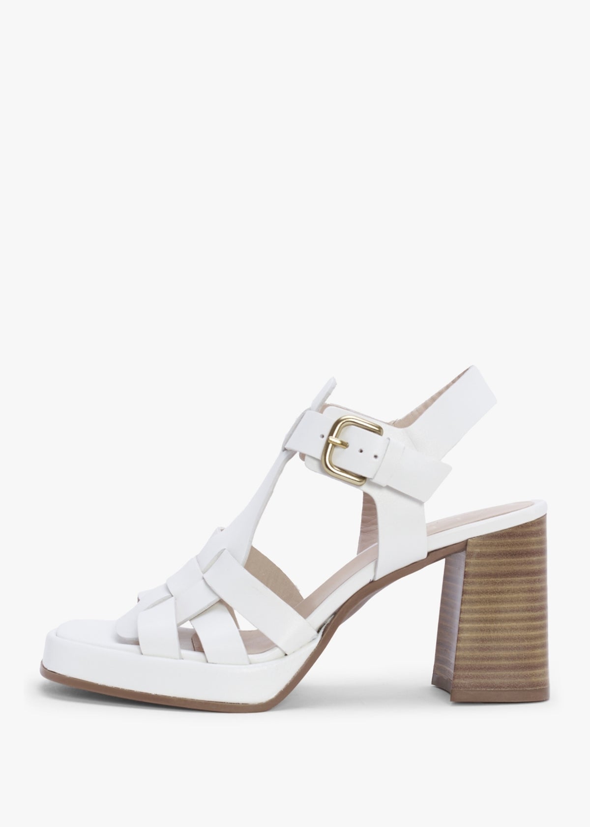 Mesa White Leather Cage Block Heel Sandals
