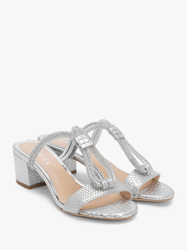 Pia Silver Leather Reptile Diamante Twist Heeled Mules
