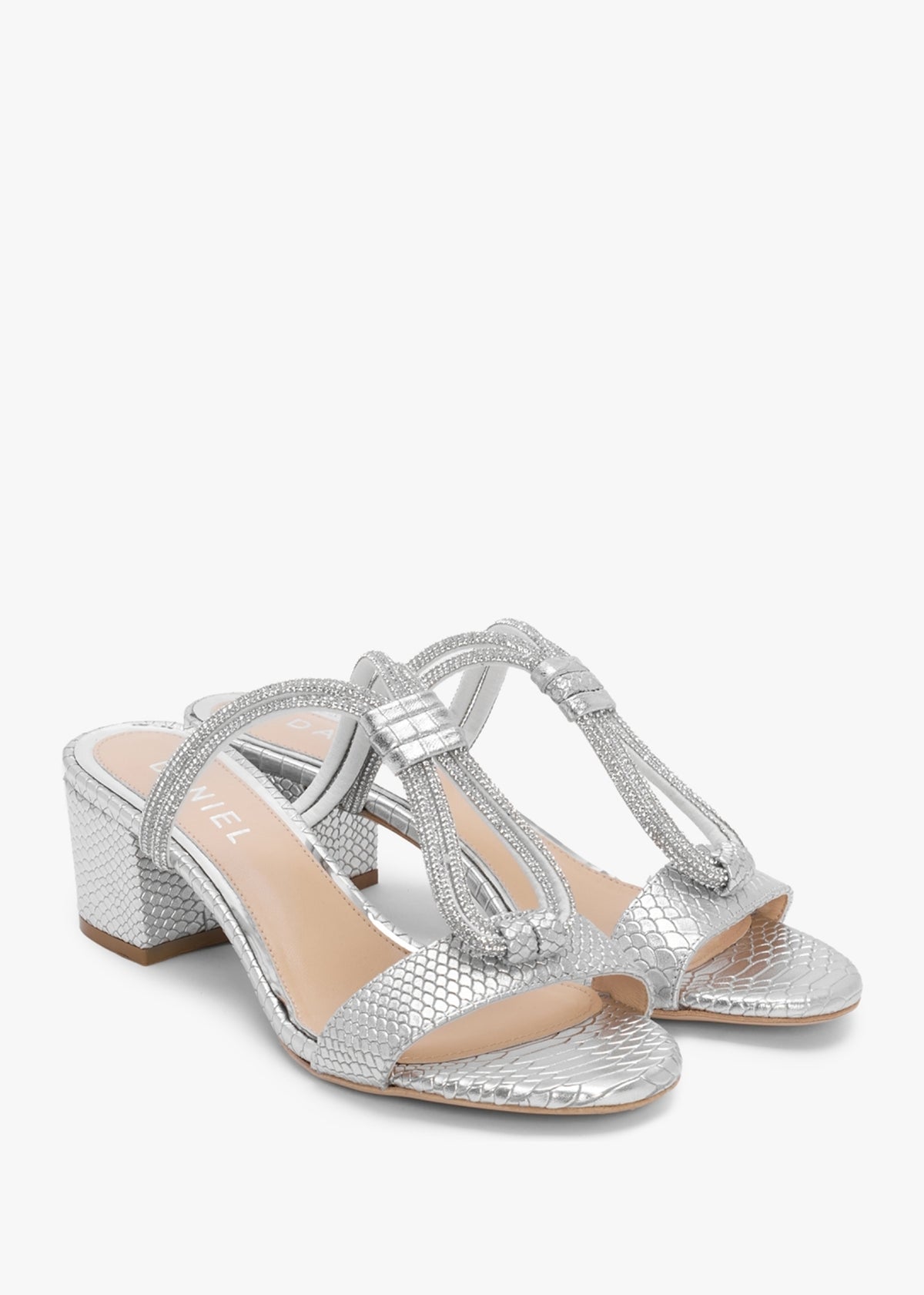 Pia Silver Leather Reptile Diamante Twist Heeled Mules
