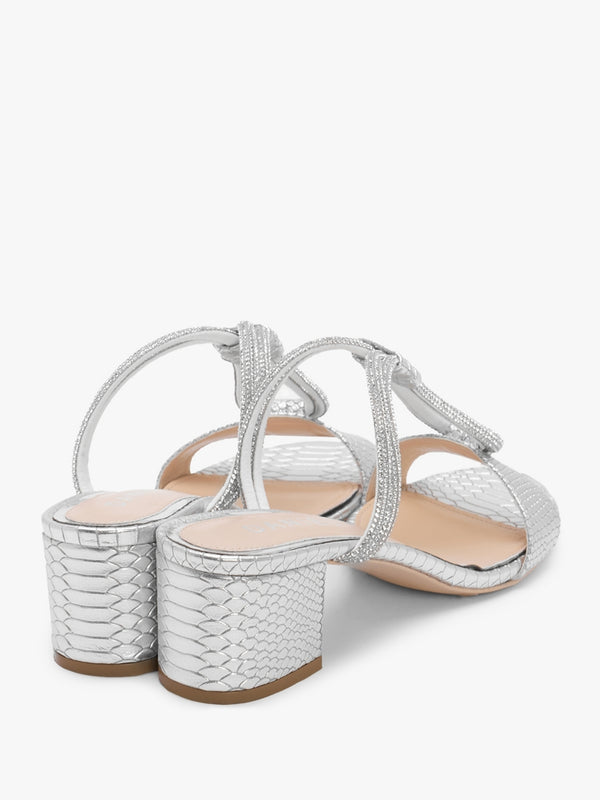 Pia Silver Leather Reptile Diamante Twist Heeled Mules
