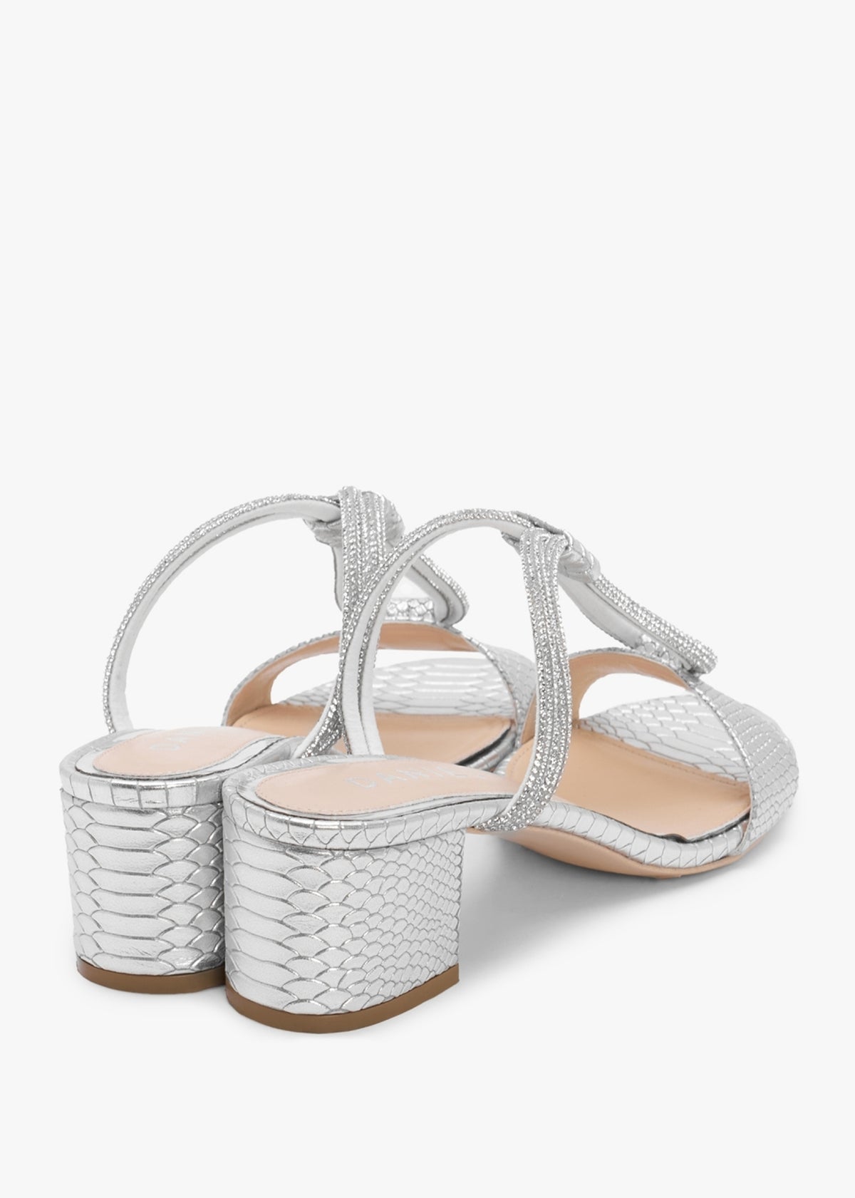 Pia Silver Leather Reptile Diamante Twist Heeled Mules