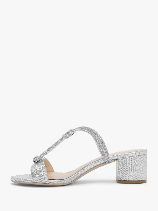 Pia Silver Leather Reptile Diamante Twist Heeled Mules