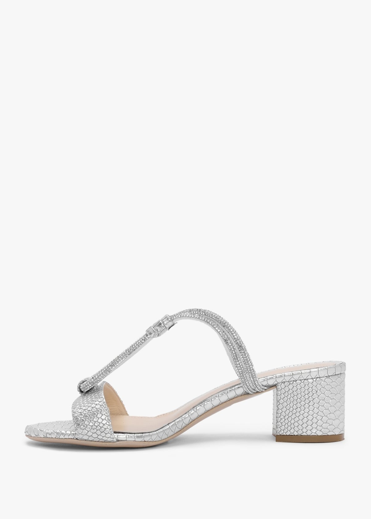 Pia Silver Leather Reptile Diamante Twist Heeled Mules