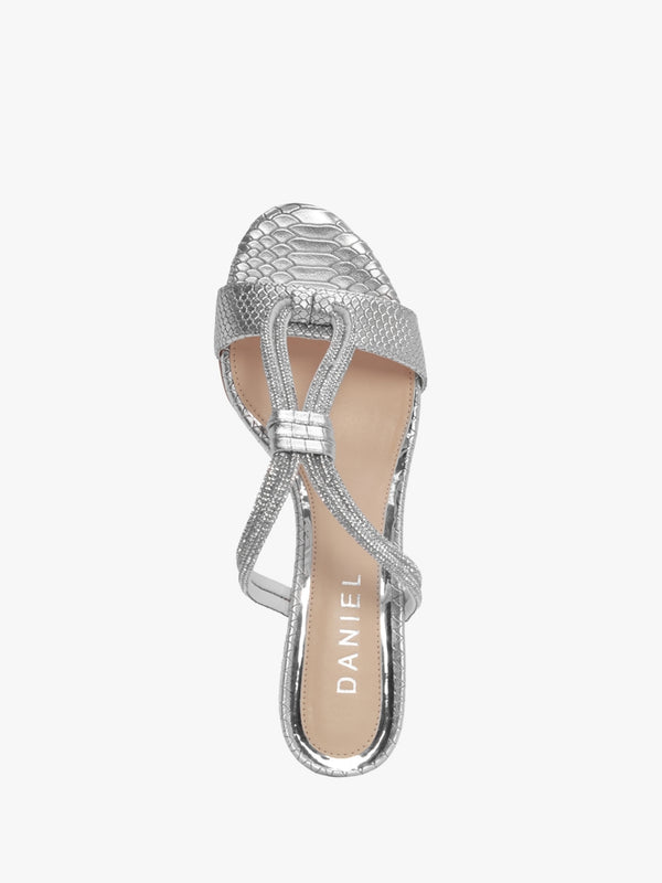 Pia Silver Leather Reptile Diamante Twist Heeled Mules