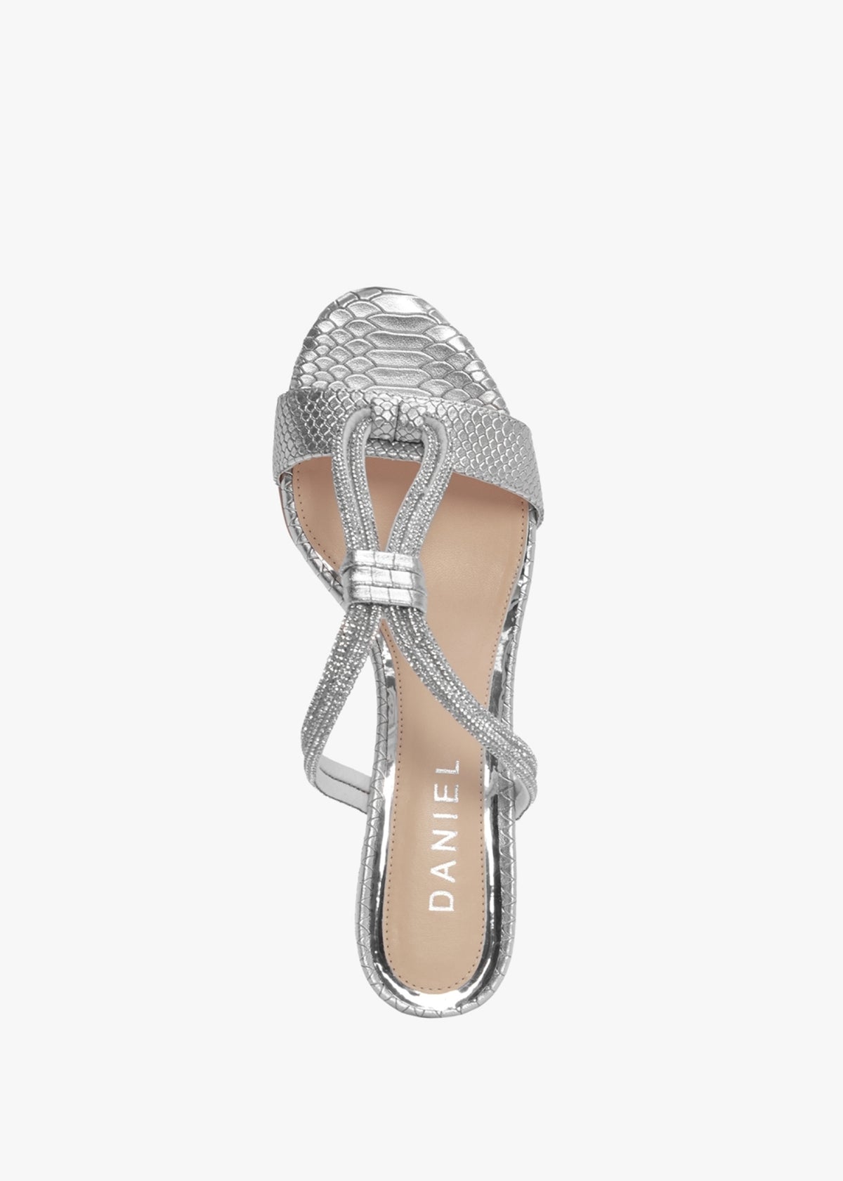 Pia Silver Leather Reptile Diamante Twist Heeled Mules