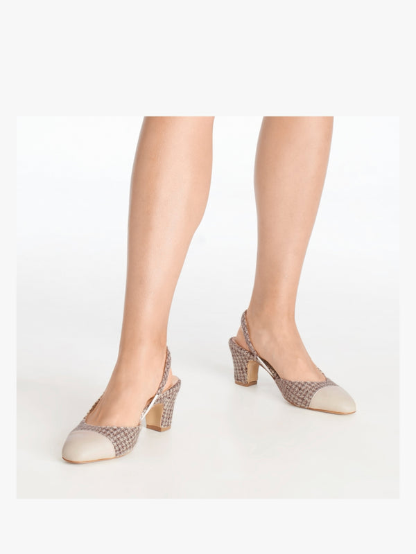 Akira Beige Houndstooth Block Heel Slingbacks