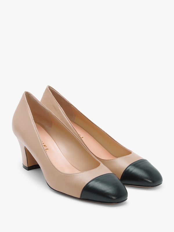 Akuna Beige Leather Block Heel Court Shoes