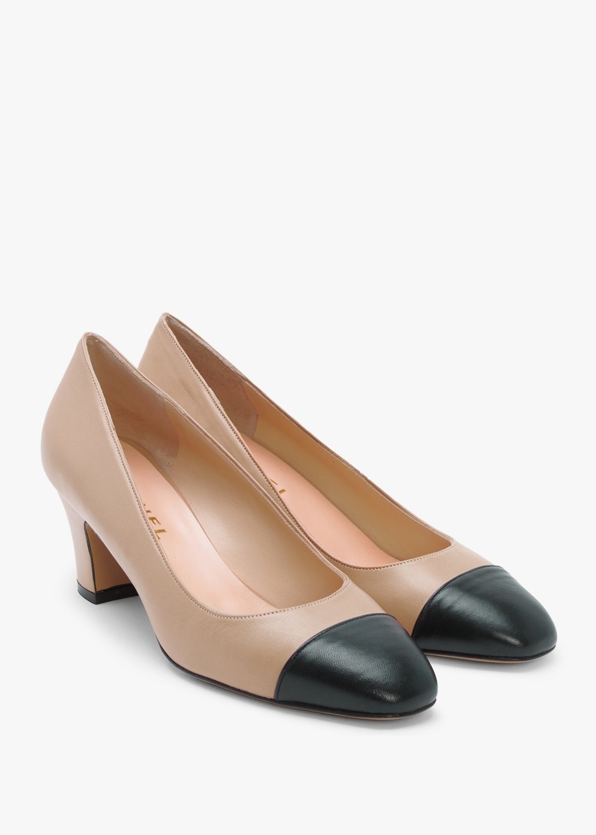 Akuna Beige Leather Block Heel Court Shoes