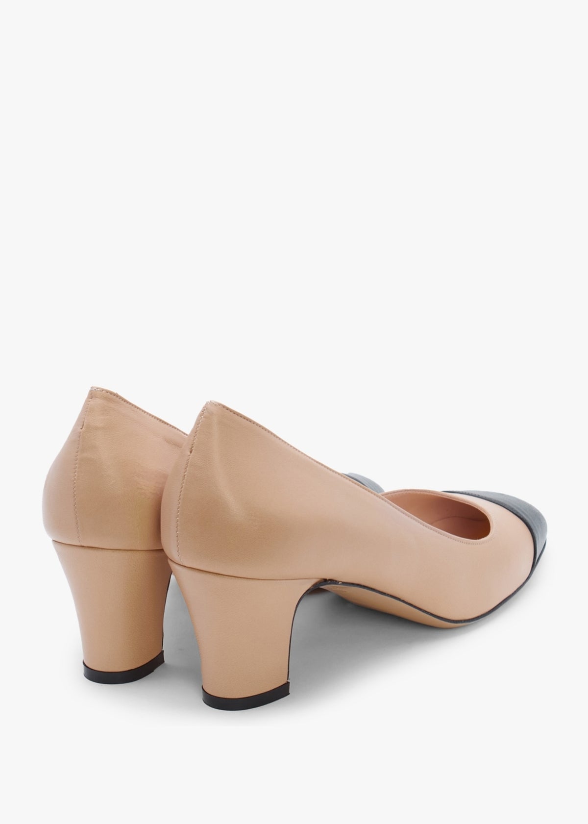Akuna Beige Leather Block Heel Court Shoes