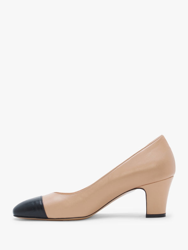 Akuna Beige Leather Block Heel Court Shoes