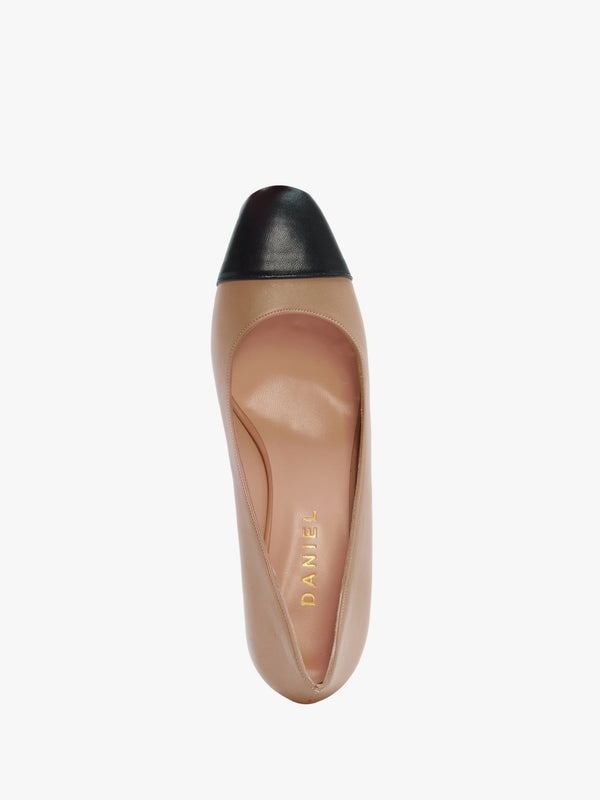 Akuna Beige Leather Block Heel Court Shoes