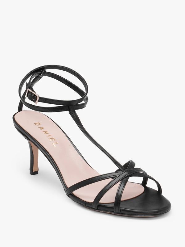 Alina Black Leather Strappy Kitten Heel Sandals