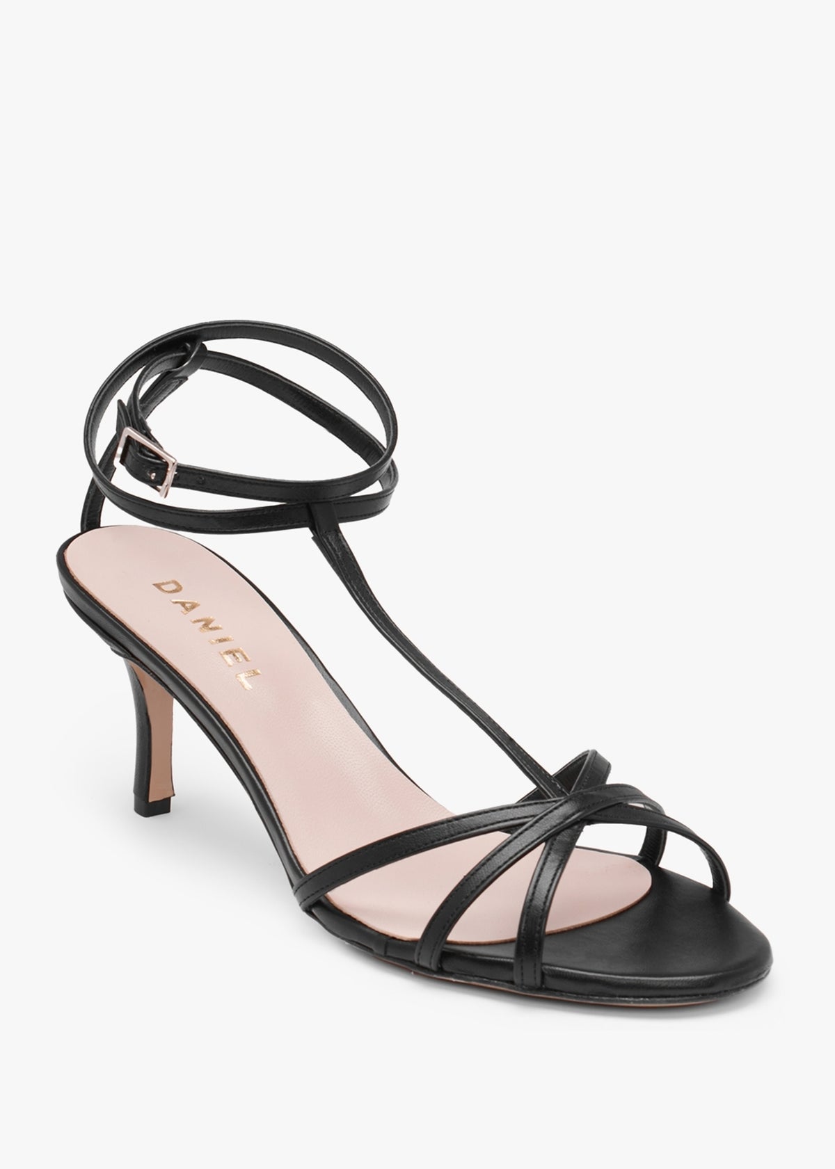 Alina Black Leather Strappy Kitten Heel Sandals