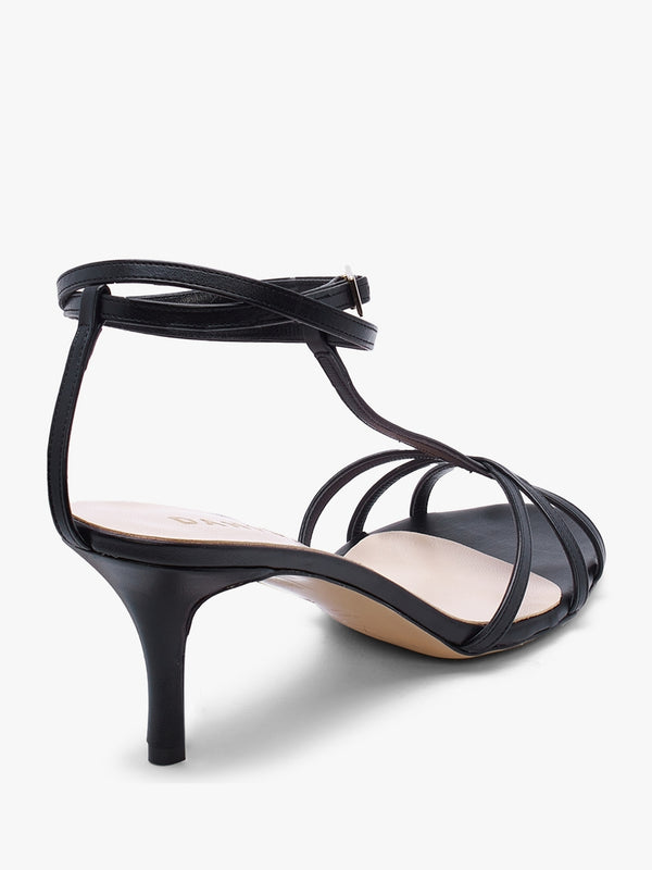 Alina Black Leather Strappy Kitten Heel Sandals