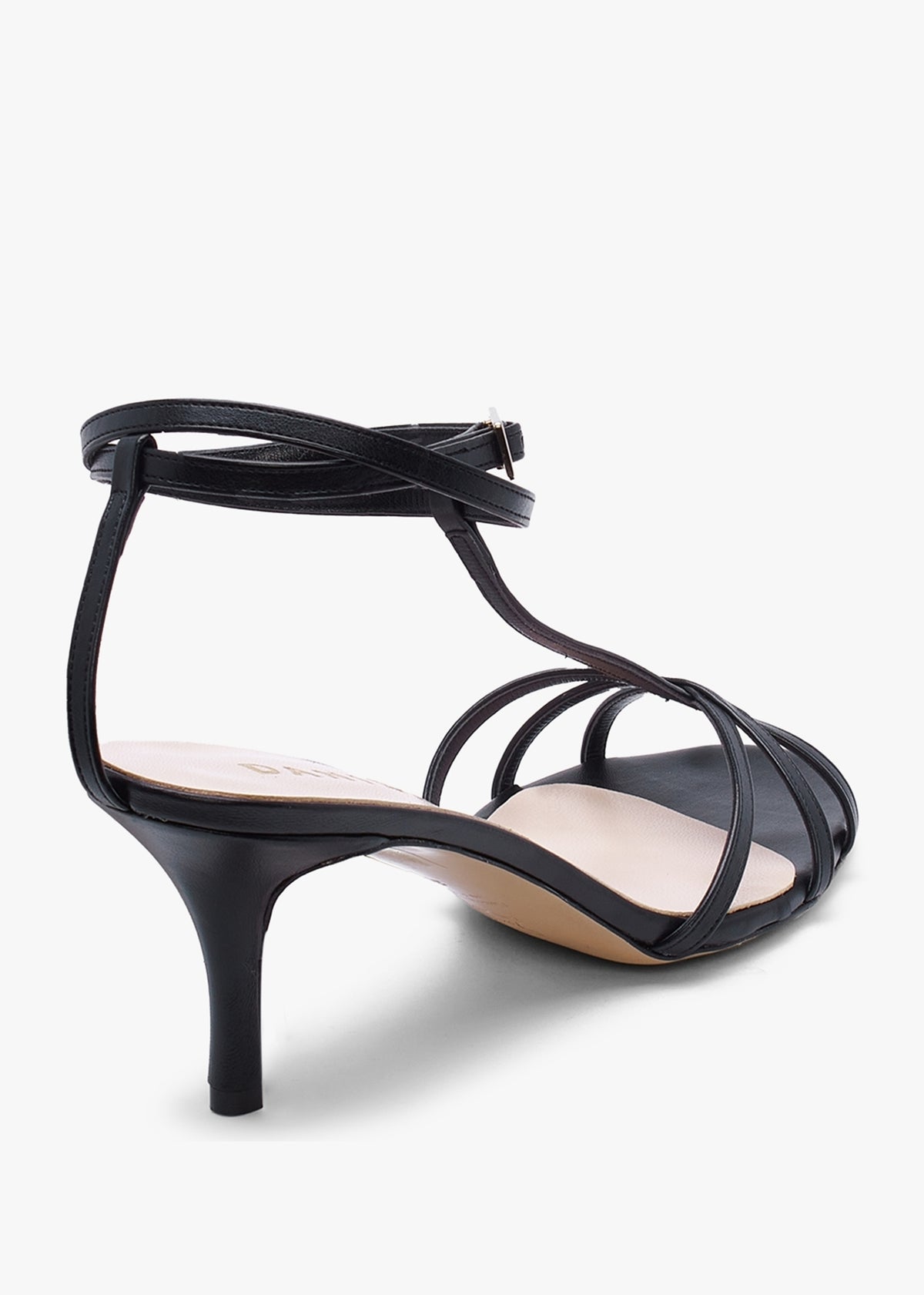Alina Black Leather Strappy Kitten Heel Sandals