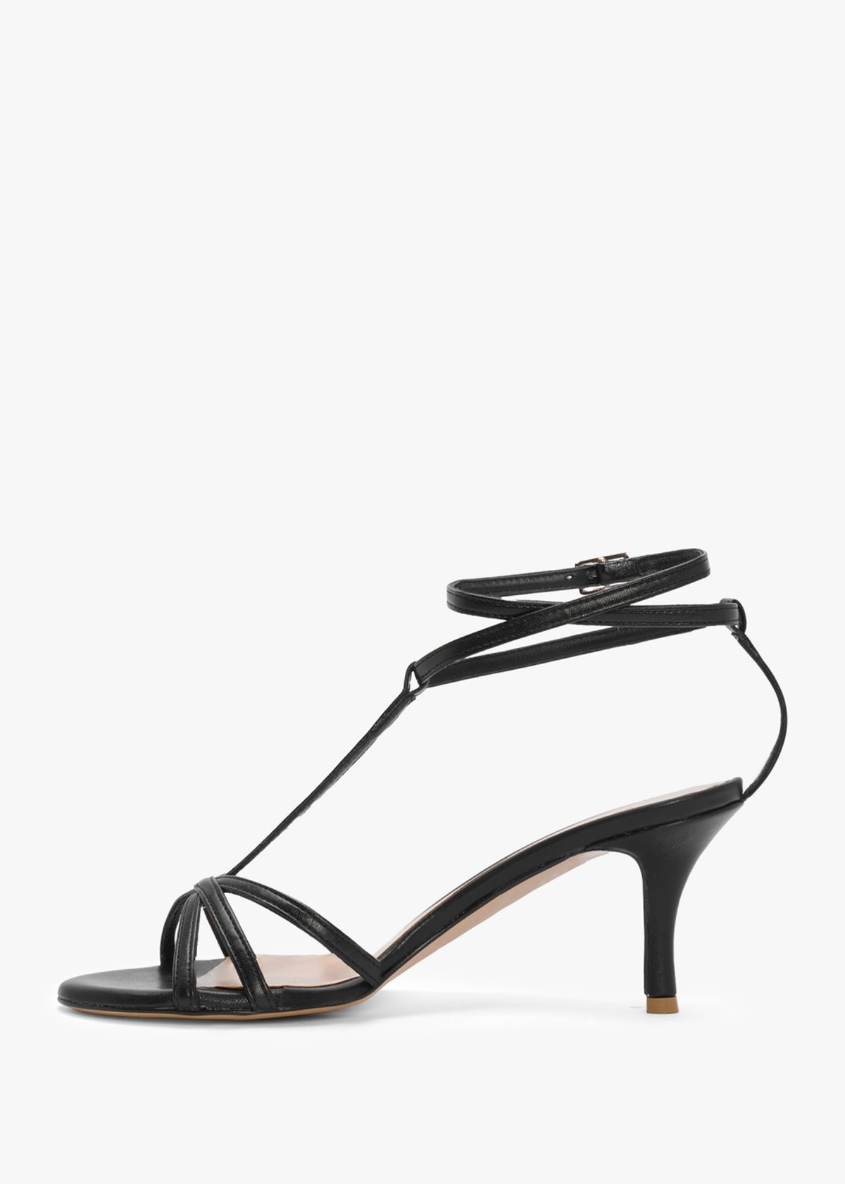 Alina Black Leather Strappy Kitten Heel Sandals