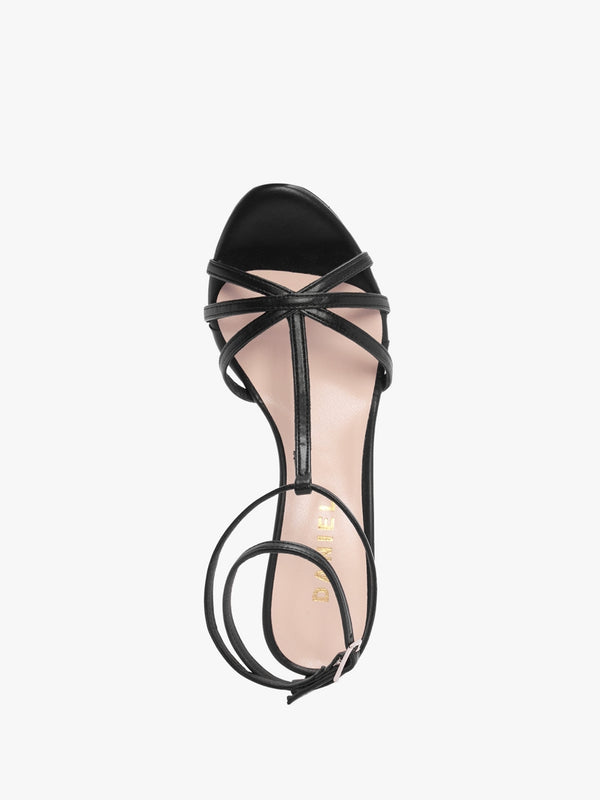 Alina Black Leather Strappy Kitten Heel Sandals