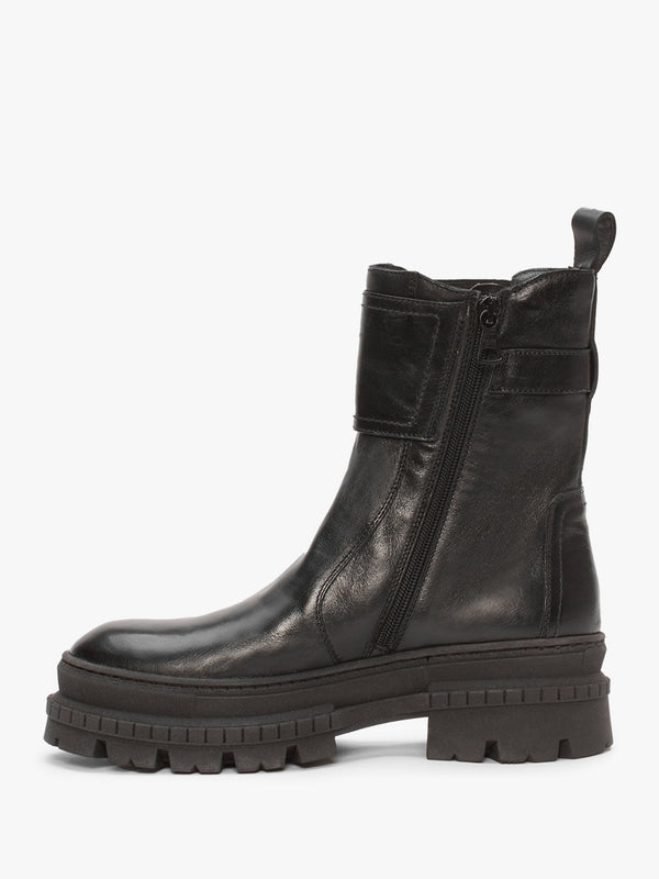 Molly Black Leather Chunky Ankle Boots