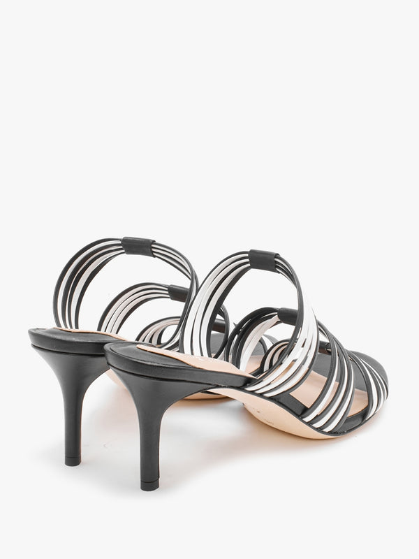 Lorraine Striped Black Snow Leather Mid Heel Sandals