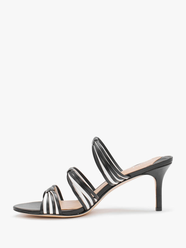 Lorraine Striped Black Snow Leather Mid Heel Sandals