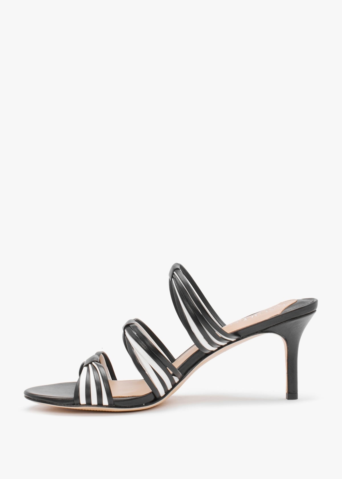 Lorraine Striped Black Snow Leather Mid Heel Sandals