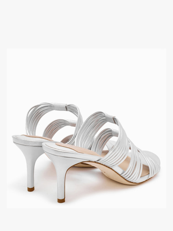 Lorraine Bright Silver Leather Mid Heel Sandals