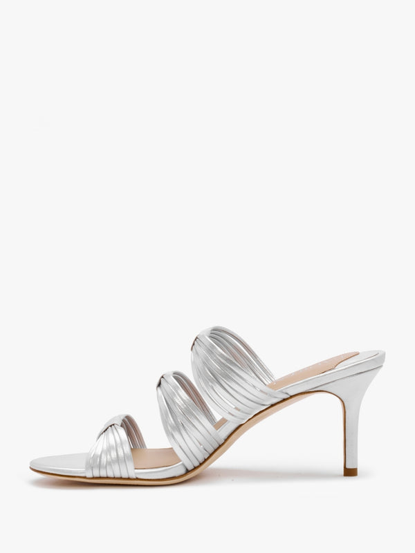 Lorraine Bright Silver Leather Mid Heel Sandals