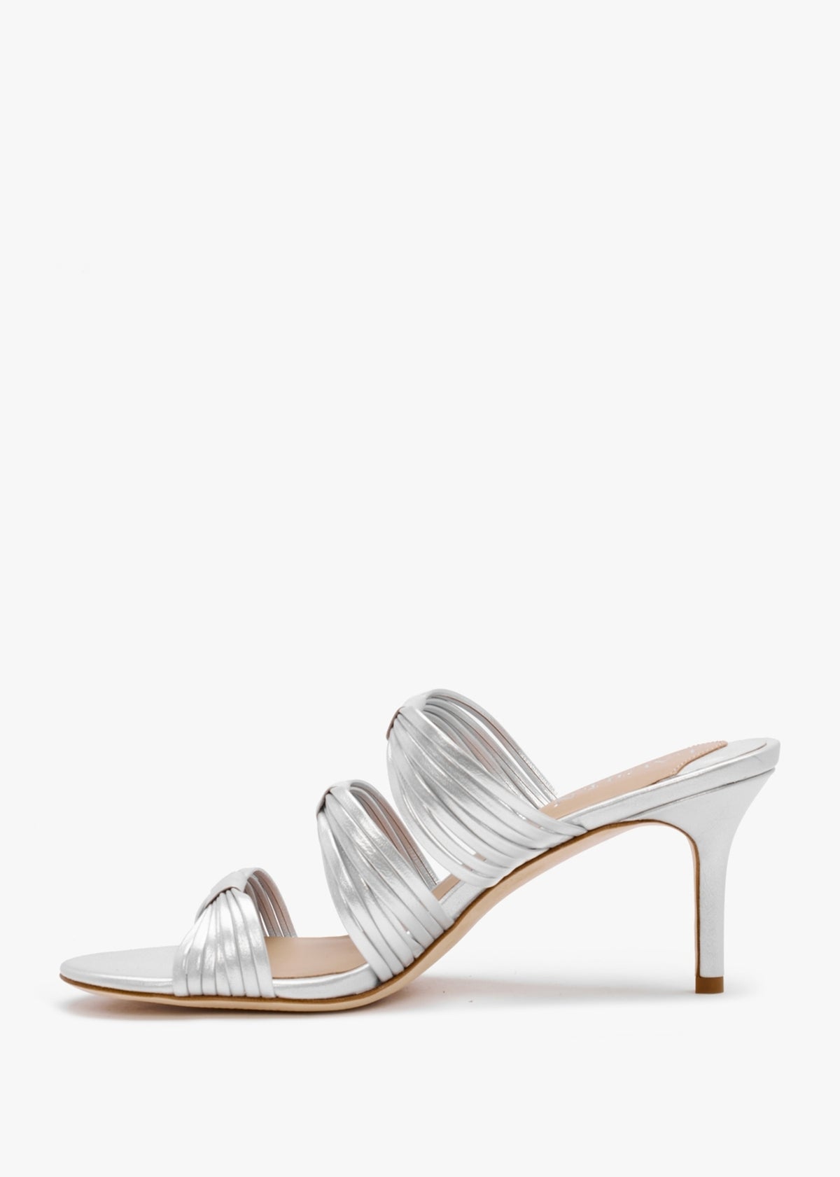 Lorraine Bright Silver Leather Mid Heel Sandals