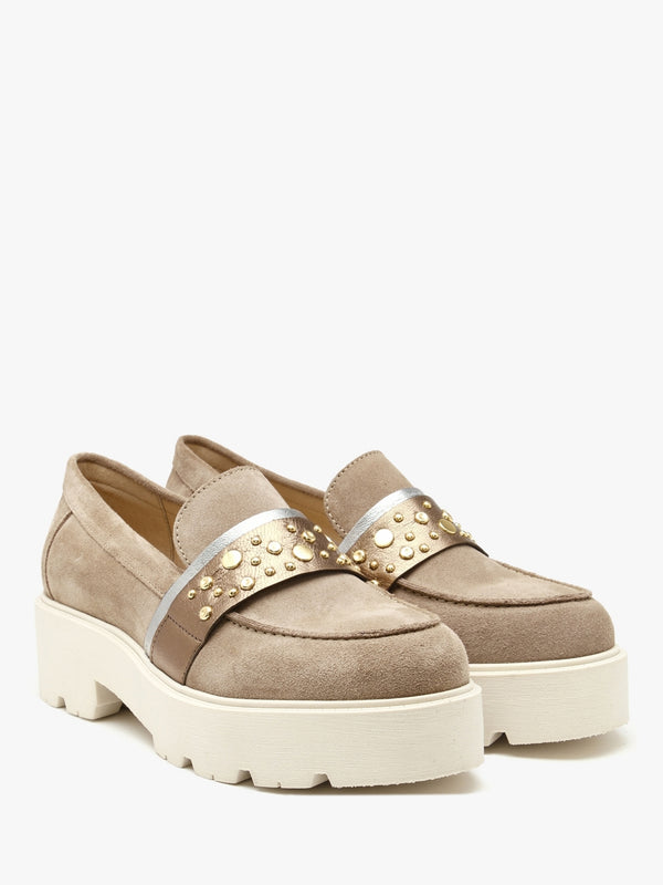 Tia Beige Suede Embellished Chunky Loafers