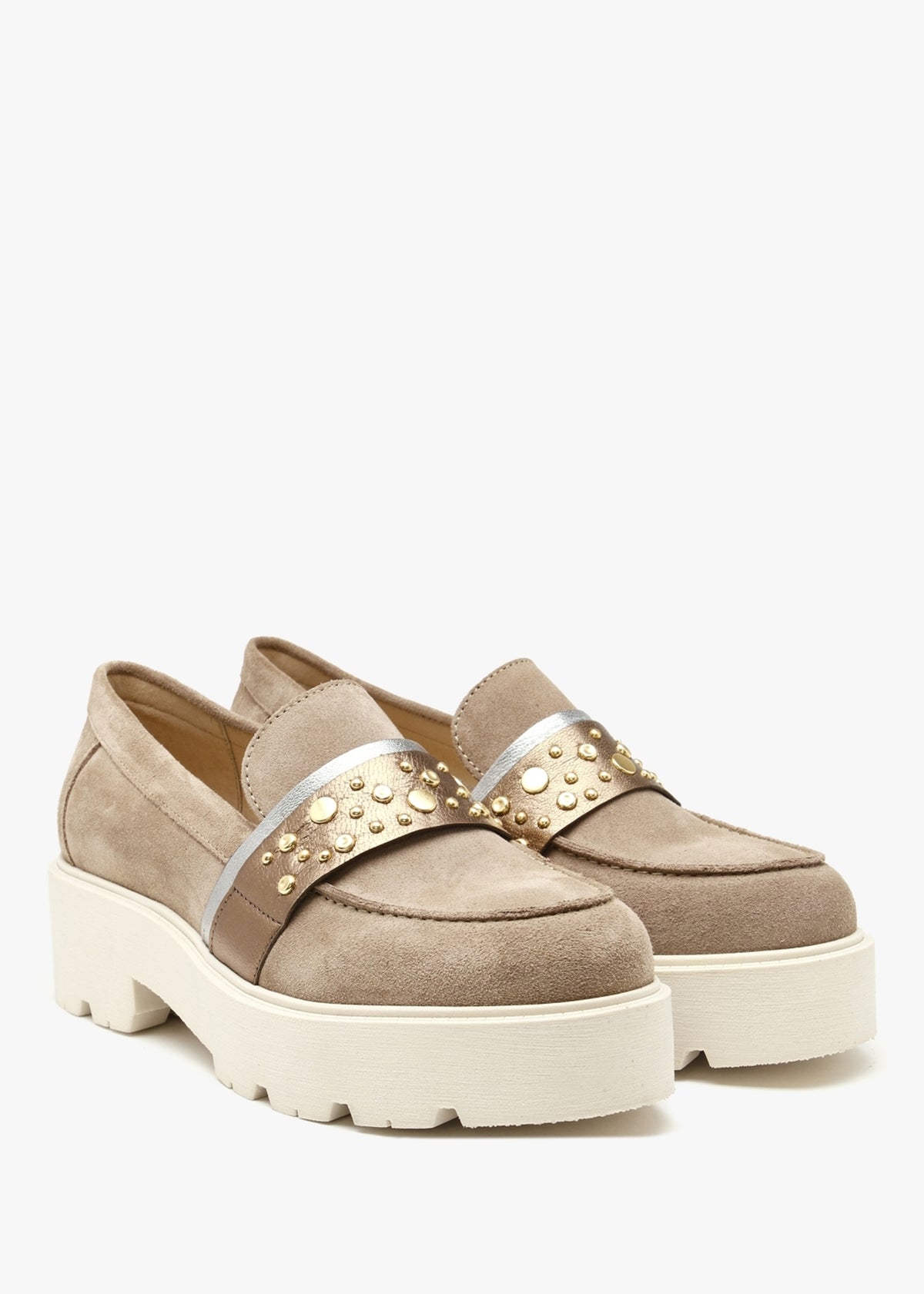Tia Beige Suede Embellished Chunky Loafers