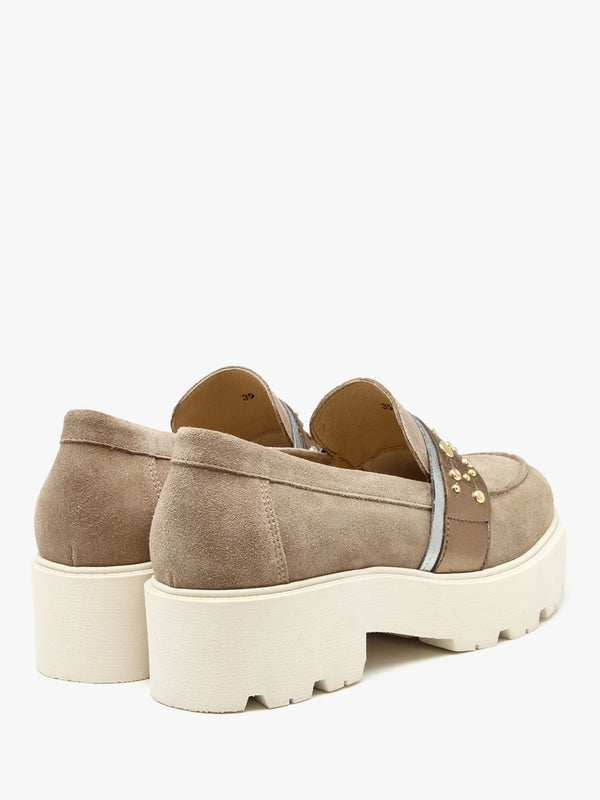 Tia Beige Suede Embellished Chunky Loafers