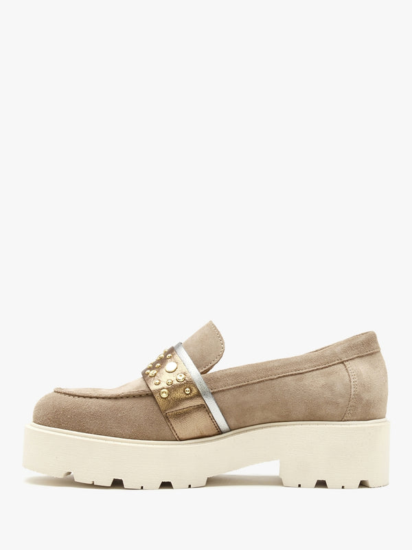 Tia Beige Suede Embellished Chunky Loafers