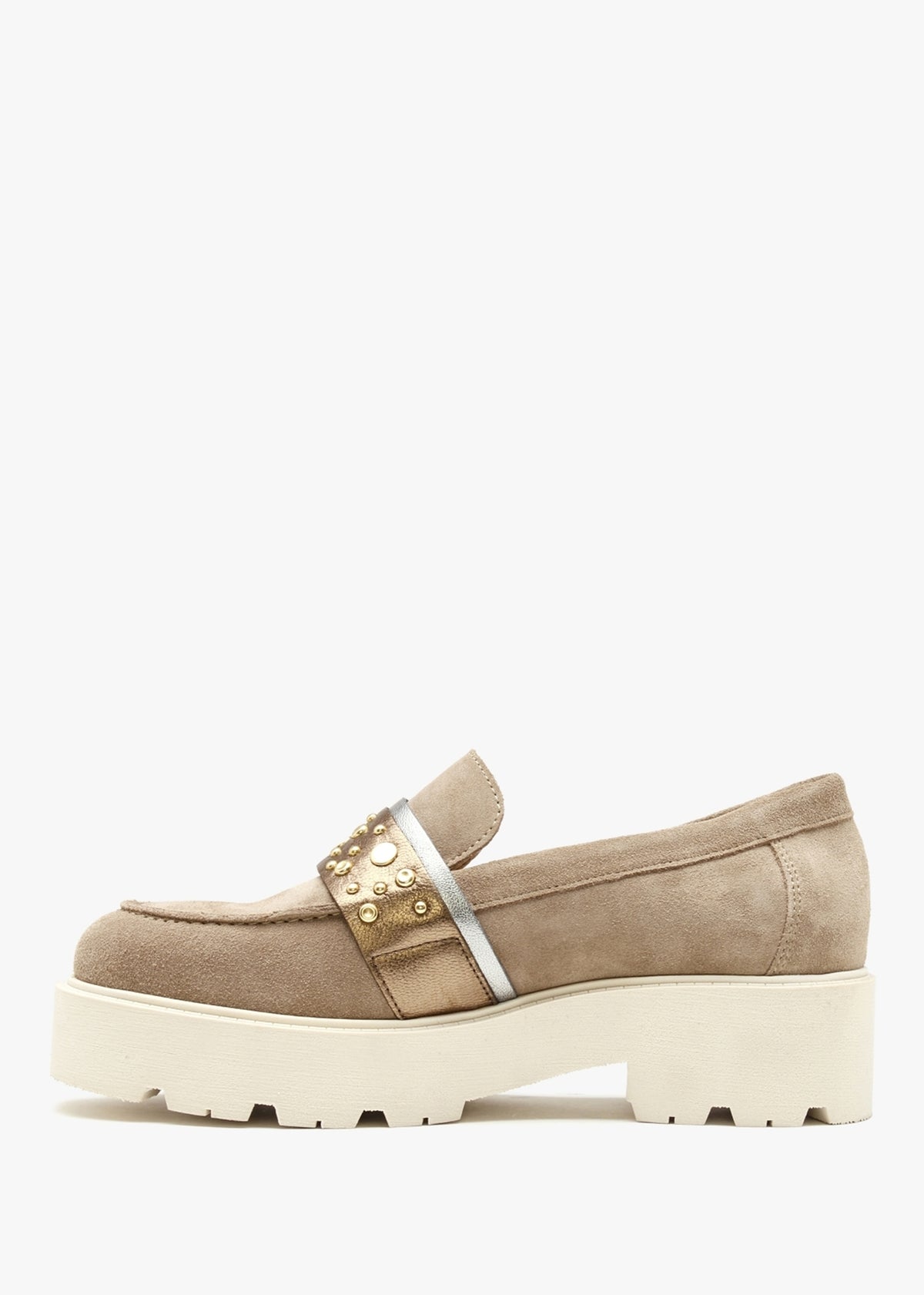 Tia Beige Suede Embellished Chunky Loafers