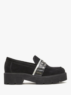 Tia Black Suede Embellished Chunky Loafers