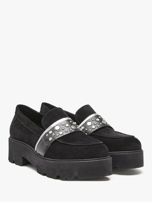 Tia Black Suede Embellished Chunky Loafers