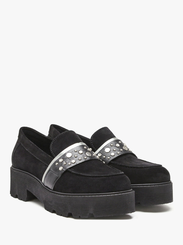 Tia Black Suede Embellished Chunky Loafers