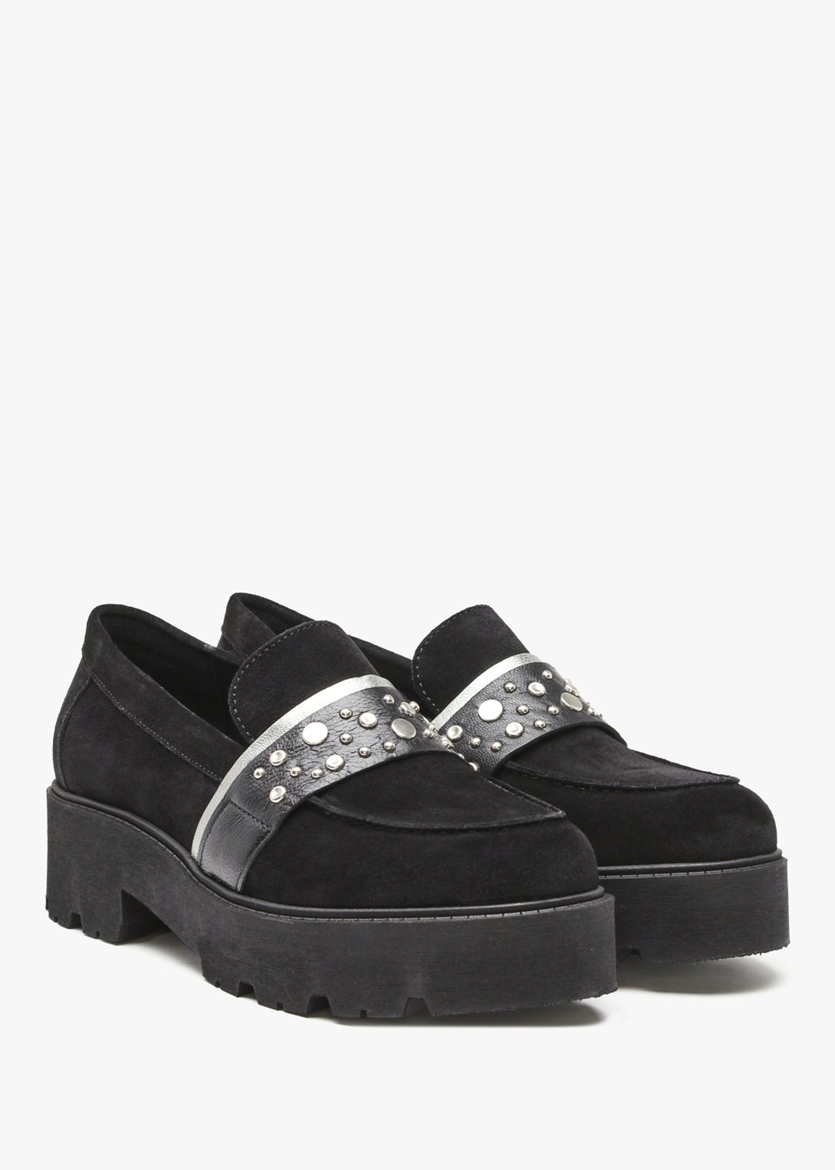 Tia Black Suede Embellished Chunky Loafers