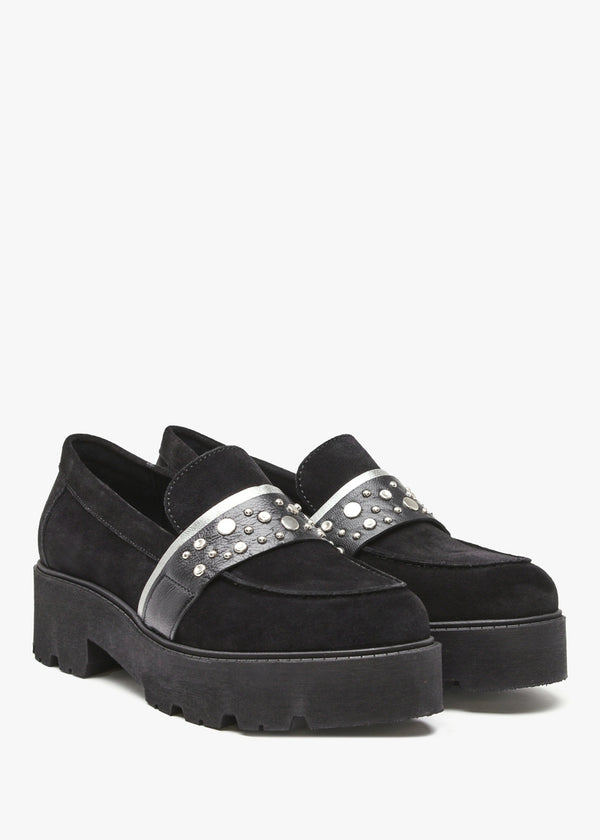 Tia Black Suede Embellished Chunky Loafers