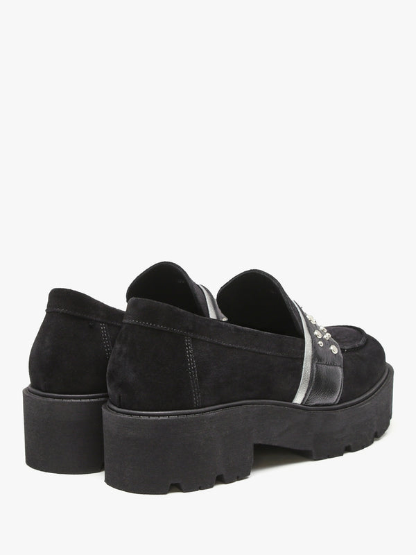Tia Black Suede Embellished Chunky Loafers