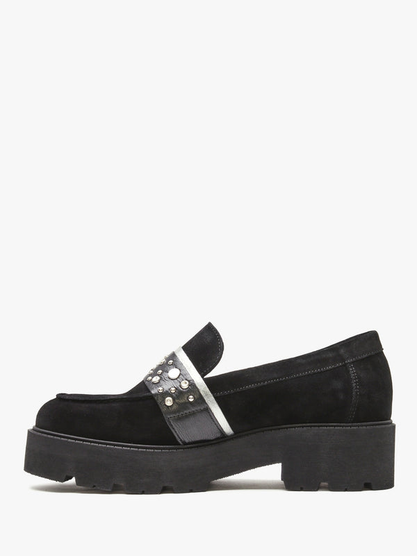Tia Black Suede Embellished Chunky Loafers
