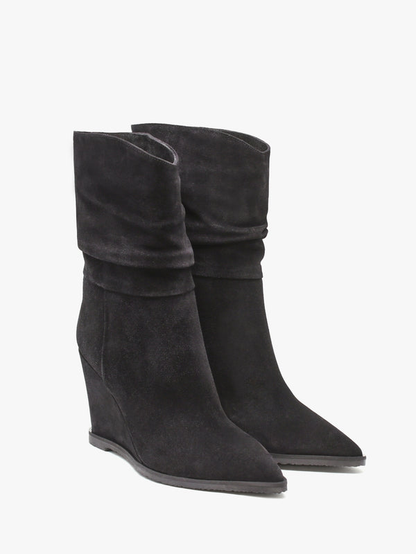 Tully Black Suede Rouched Wedge Calf Boots