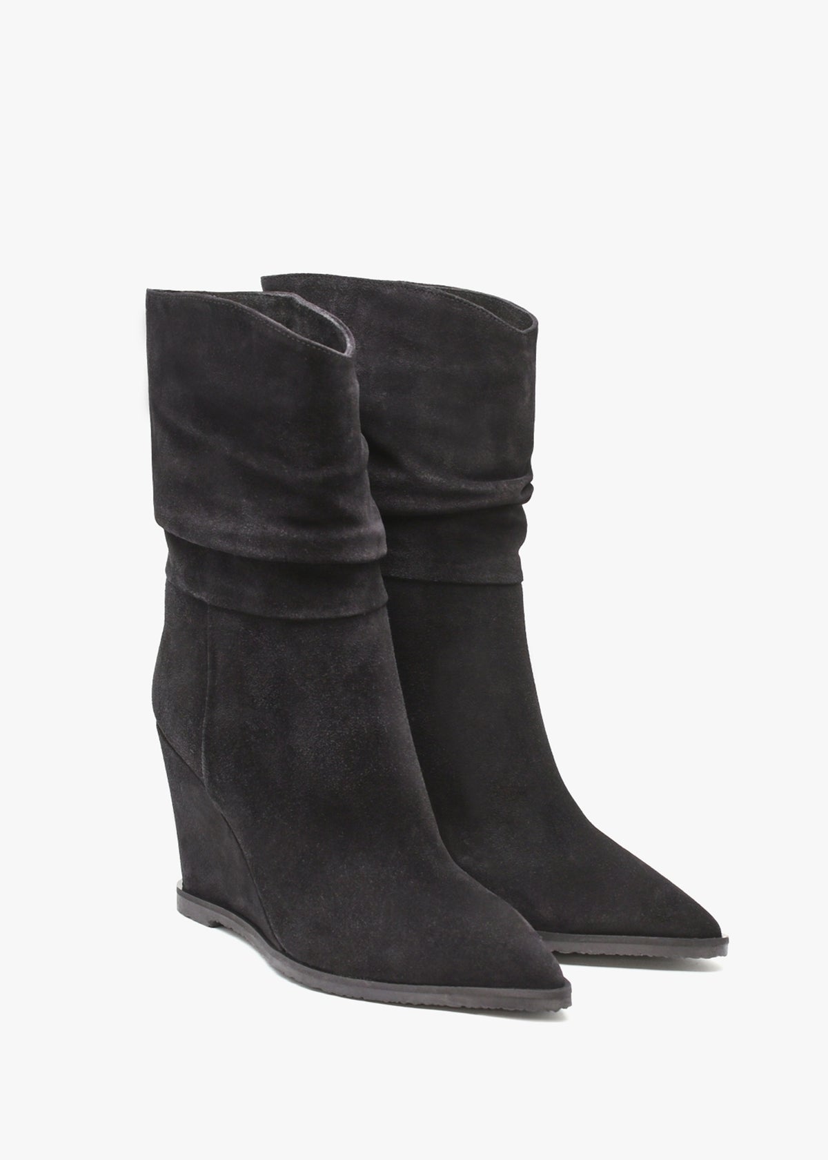 Tully Black Suede Rouched Wedge Calf Boots