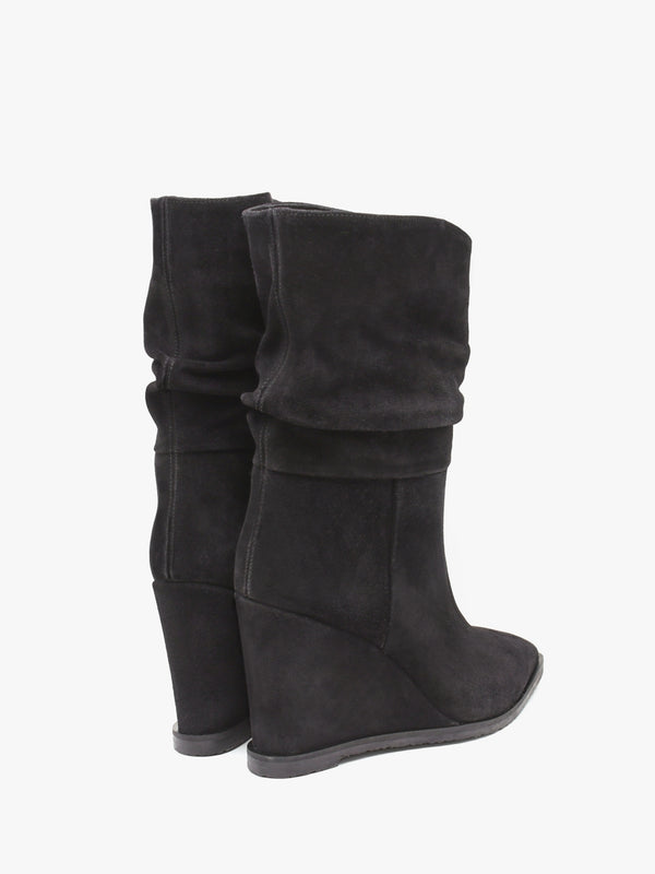 Tully Black Suede Rouched Wedge Calf Boots