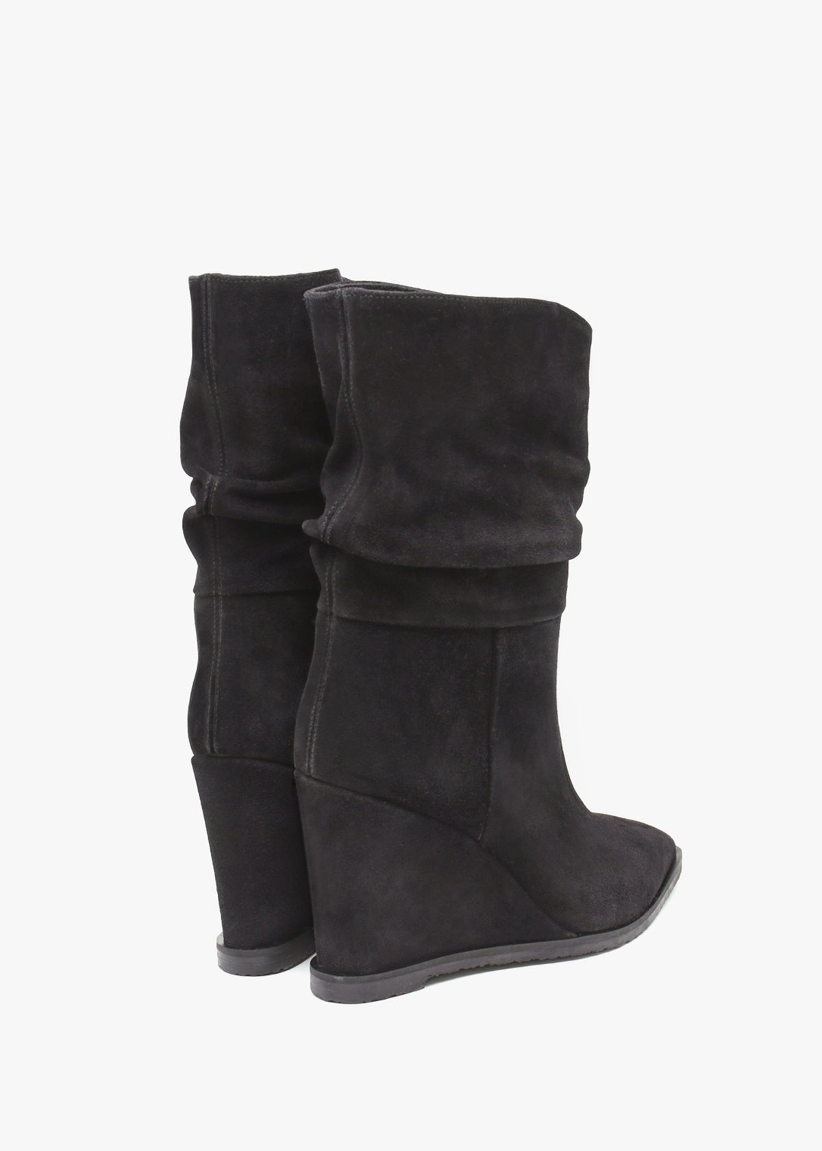 Tully Black Suede Rouched Wedge Calf Boots